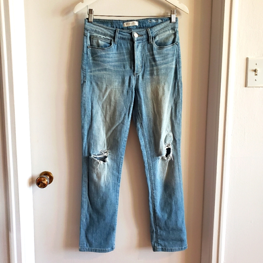 Guess The Msdel Jean Distressed Holy Boho Skinny Leg Roll Up Cuffs Woman Size 26